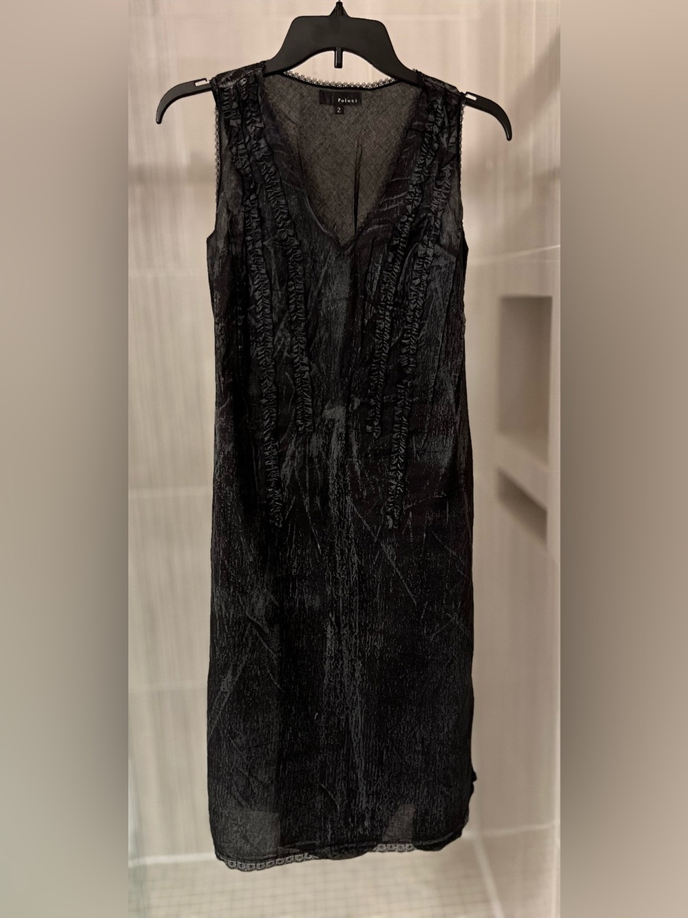 Poleci Black Washed Textured Ruffle V-Neck Lined Mini Dress Size 2